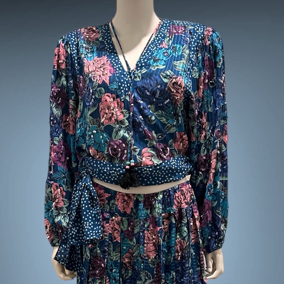 VINTAGE DIANE FREIS GEORGETTE 1980s  FLORAL BLOUSE AND SKIRT SET.🥰 - Picture 2 of 8
